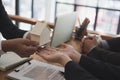 man applying for mortgage loan with bank employee. client signing contract document with realtor at real estate agency. Royalty Free Stock Photo