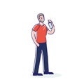 Man applying spray deodorant. Cartoon male character using antiperspirant