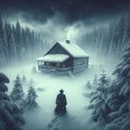 Man approaches isolated house in snow covered scene looking for shelter