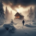 Man approaches isolated house in snow covered scene looking for shelter