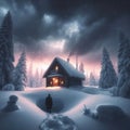 Man approaches isolated house in snow covered scene looking for shelter