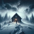 Man approaches isolated house in snow covered scene looking for shelter