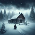 Man approaches isolated house in snow covered scene looking for shelter
