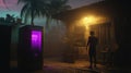 Man Approaches Lit Game Machine on Night Near Hut With Palm Trees Royalty Free Stock Photo