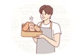 Man in apron baker holds tray of hot bread prepared for customers of supermarket. Vector image