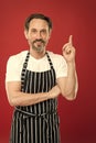 Man in apron. Confident mature handsome man in apron red background. He might be baker gardener chef or cleaner. Good in Royalty Free Stock Photo