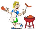 Man with apron grilling meat and sausages