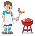 Man with apron grilling steak and sausages