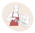 The man in the apron is making coffee. barista. vector illustration.