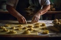 A man in an apron making pasta on a table. AI generative image.