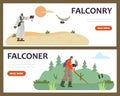 Man and Arab with hawking glove and falcon on nature landscape forest or desert, vector Falconry landing pages set Royalty Free Stock Photo