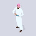 Man in arab traditional clothes stands with an electronic device in isometric view. Saudi person doing counting on tablet or phone