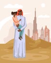 Arabic Man in with Girl in Arms on Background City