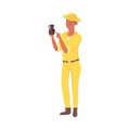 Man archaeologist in yellow clothing repaiting amphora vector illustration