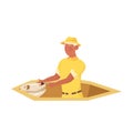 Man archaeologist in yellow clothing repaiting artifact vector illustration