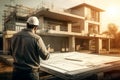 Man architect or builder working blueprint at construction site at sunset Royalty Free Stock Photo