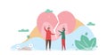 Man argues with woman in the park. Couple of love design for winter season. Vector illustration in flat style