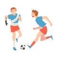 Man with Arm Prosthesis Playing Soccer with His Friend, Active Amputee Man Training with Soccer Ball, Friendship and