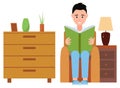 Man in Armchair at Home, Reading Books Vector Royalty Free Stock Photo