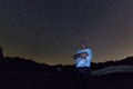 Man with arms crossed standing against starry night. Starry night Polaris star, Ursa Major, Big Dipper constellation. Beautiful ni Royalty Free Stock Photo