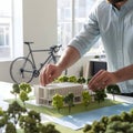 Man arranges trees on architectural model, modern office setting with bicycle