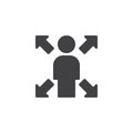 Man with arrows in four directions vector icon