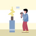 Man in art museum taking photo of art object, flat vector illustration isolated. Royalty Free Stock Photo