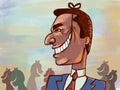 Illustration of a man, artificial deceitful smile. Lying businessman, politics, lying benevolence