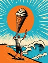 Abstract vintage wallart. A man is holding a huge icecream waving to the seawaves in summer.