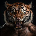 man as angry tiger face roaring on black background Royalty Free Stock Photo