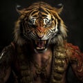 man as angry tiger roaring face on black background Royalty Free Stock Photo