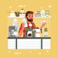 Man as barista holding milk and glass in the cafe counter bar making cappucino for customer vector illustration