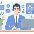 man as costumer service operator hotline technical support sitting in office room on front laptop flat design illustration