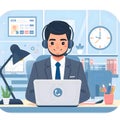 man as costumer service operator hotline technical support sitting in office room on front laptop flat design illustration