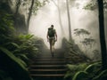 A Man as a Courageous Adventurer Clad in Adventure Gear Ascending the Foggy Forest Stairway Royalty Free Stock Photo