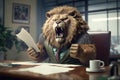 Man as lion is furious in office, mad strong boss with head of animal, generative AI Royalty Free Stock Photo