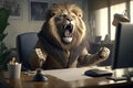 Man as lion is furious in office, mad strong boss with head of animal, generative AI Royalty Free Stock Photo