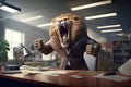 Man as lion is furious in office, mad strong manager with head of animal, generative AI