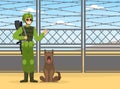 Man as Military Special Force in Uniform and Rifle Standing with Shepherd Dog Vector Illustration