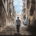 Man Ascending Sunlit Urban Stairs Alone Royalty Free Stock Photo