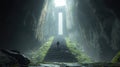 Man ascends mystical cave stairs towards light Royalty Free Stock Photo