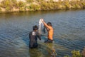 Man asia local fisher working by cast a net