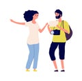 Man ask road. Tourist and young woman. Isolated traveller photographer with backpack. Flat girl and boy talking vector Royalty Free Stock Photo