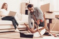 Man Assemble Furniture Folds New Furniture out Box