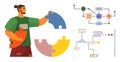 Man assembling colorful puzzle pieces alongside data flowcharts and AI processing elements Royalty Free Stock Photo