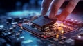 A man is assembling components to build a computer. He is putting the CPU on the socket motherboard.Created with Royalty Free Stock Photo