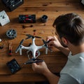 Man assembling drone using tools