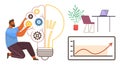Creative thinker connecting gears within a light bulb concept alongside workspace and growth chart Royalty Free Stock Photo
