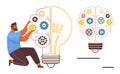 Man assembling gears inside a light bulb, symbolizing innovation, creativity, and problem-solving Royalty Free Stock Photo