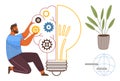 Man Assembling Gears into Lightbulb Symbolizing Ideas, Innovation, and Problem-Solving Royalty Free Stock Photo
